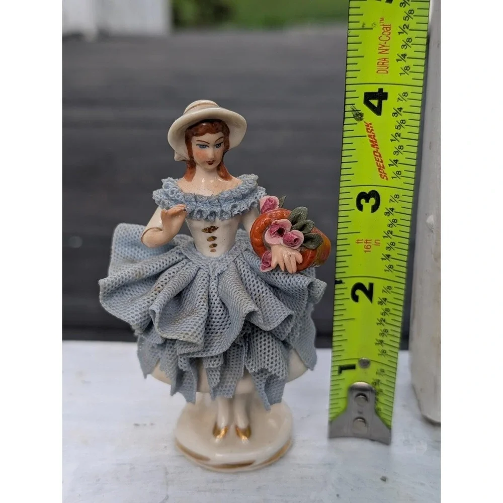 Vintage Dresden Porcelain Lace Figurine Carrying Basket of Flowers